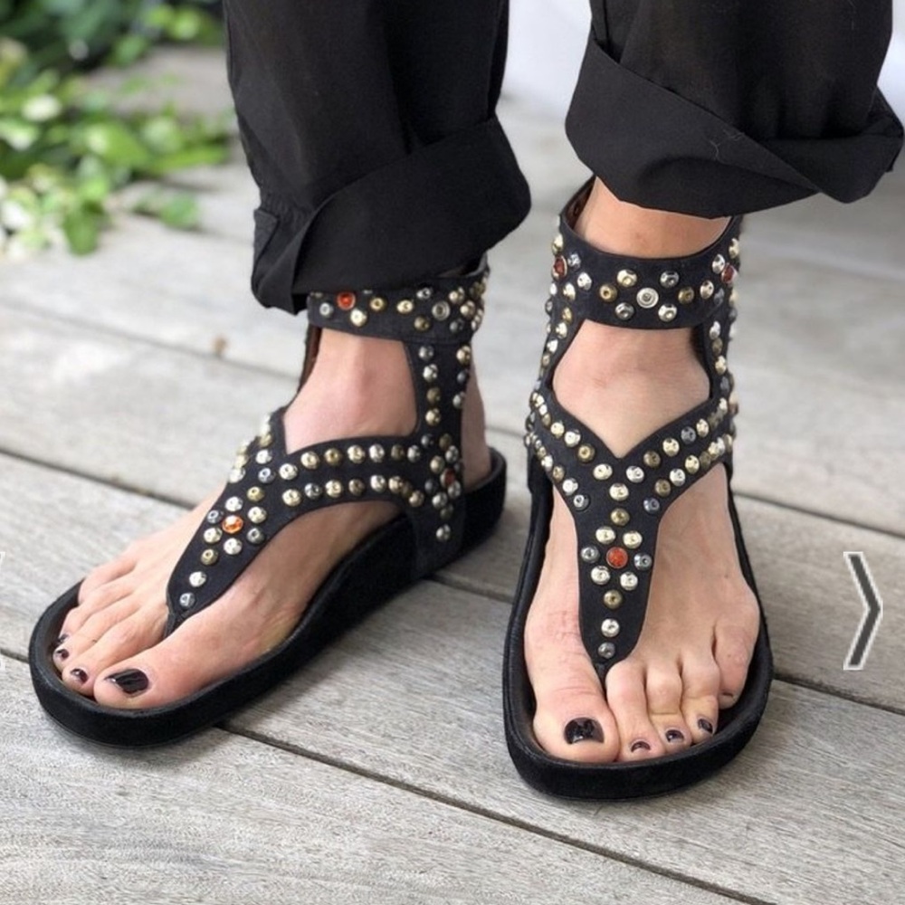 ISABEL MARANT Crystal Studded Jeweled Elwina Black Suede Leather Flat Sandals 10